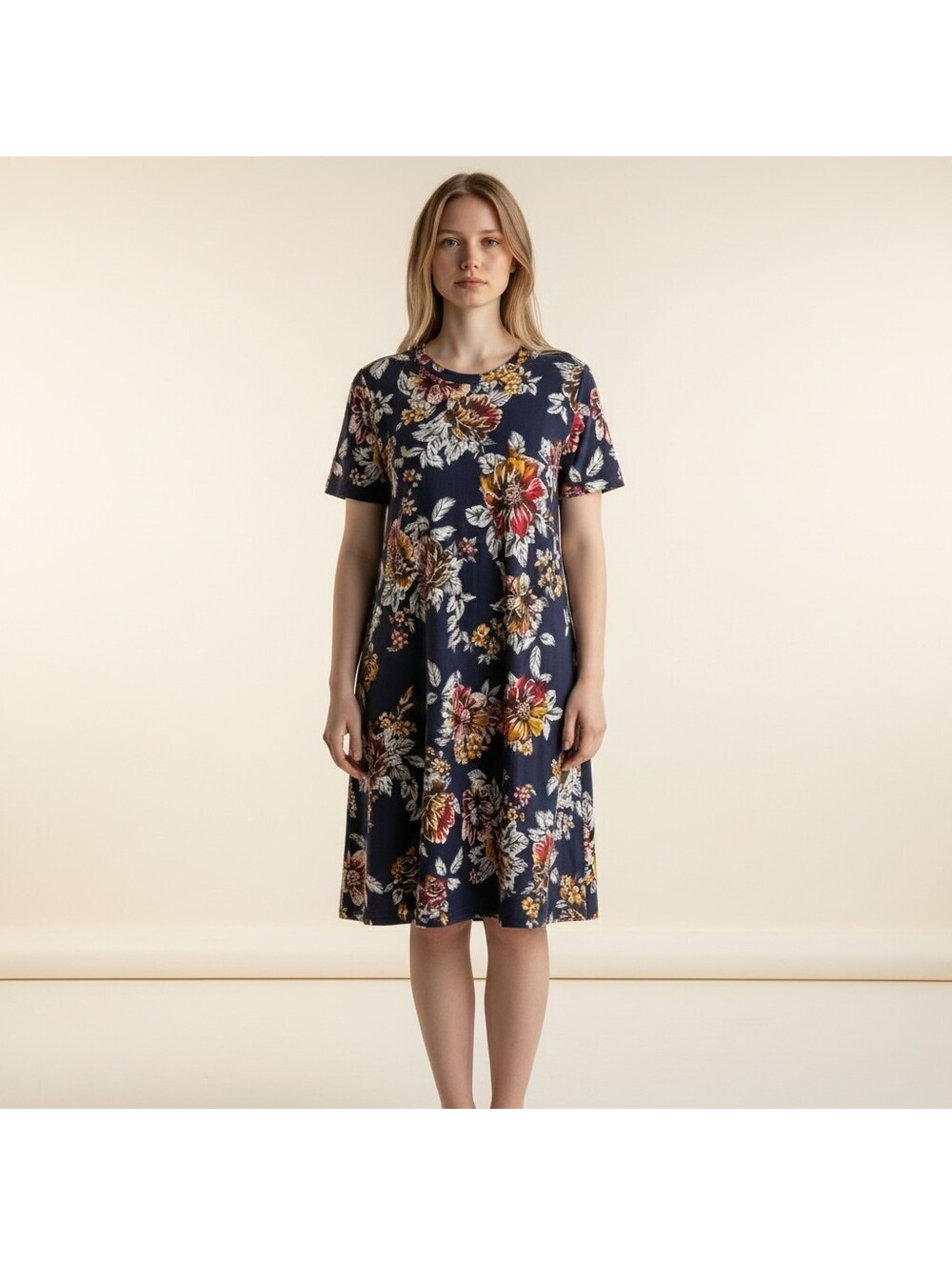 Apt. 9 Dress Women L Large Blue Floral Shift Midi Short Sleeve Casual Stretch